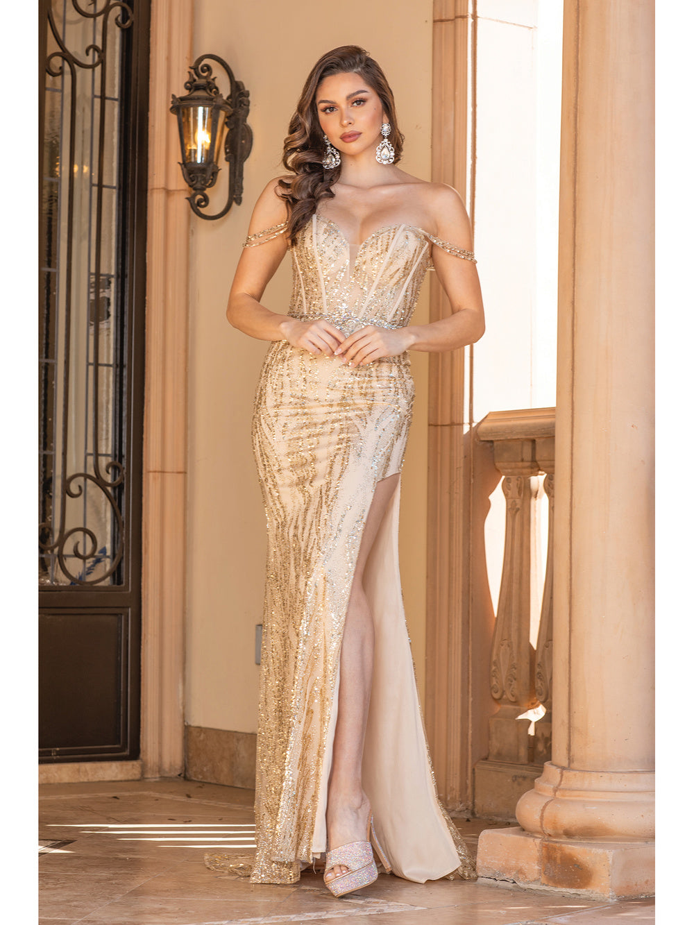 Off-the-Shoulder Long Glitter Prom Dress - PromGirl Gold / 3XLarge Off-the-Shoulder Long Glitter Prom Dress - PromGirl Gold / 3XLarge