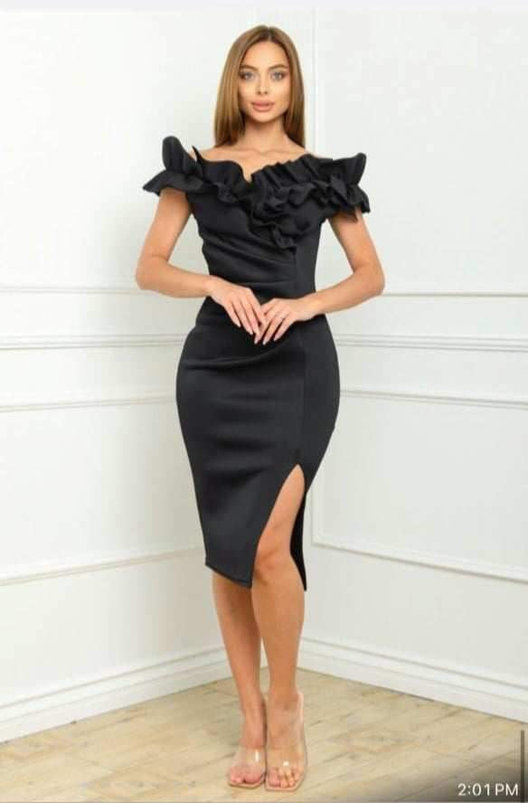 Ava Ruffle Midi Dress - Black