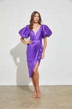 Load image into Gallery viewer, Marilyn Puff Slv Wrap Dress -Purple

