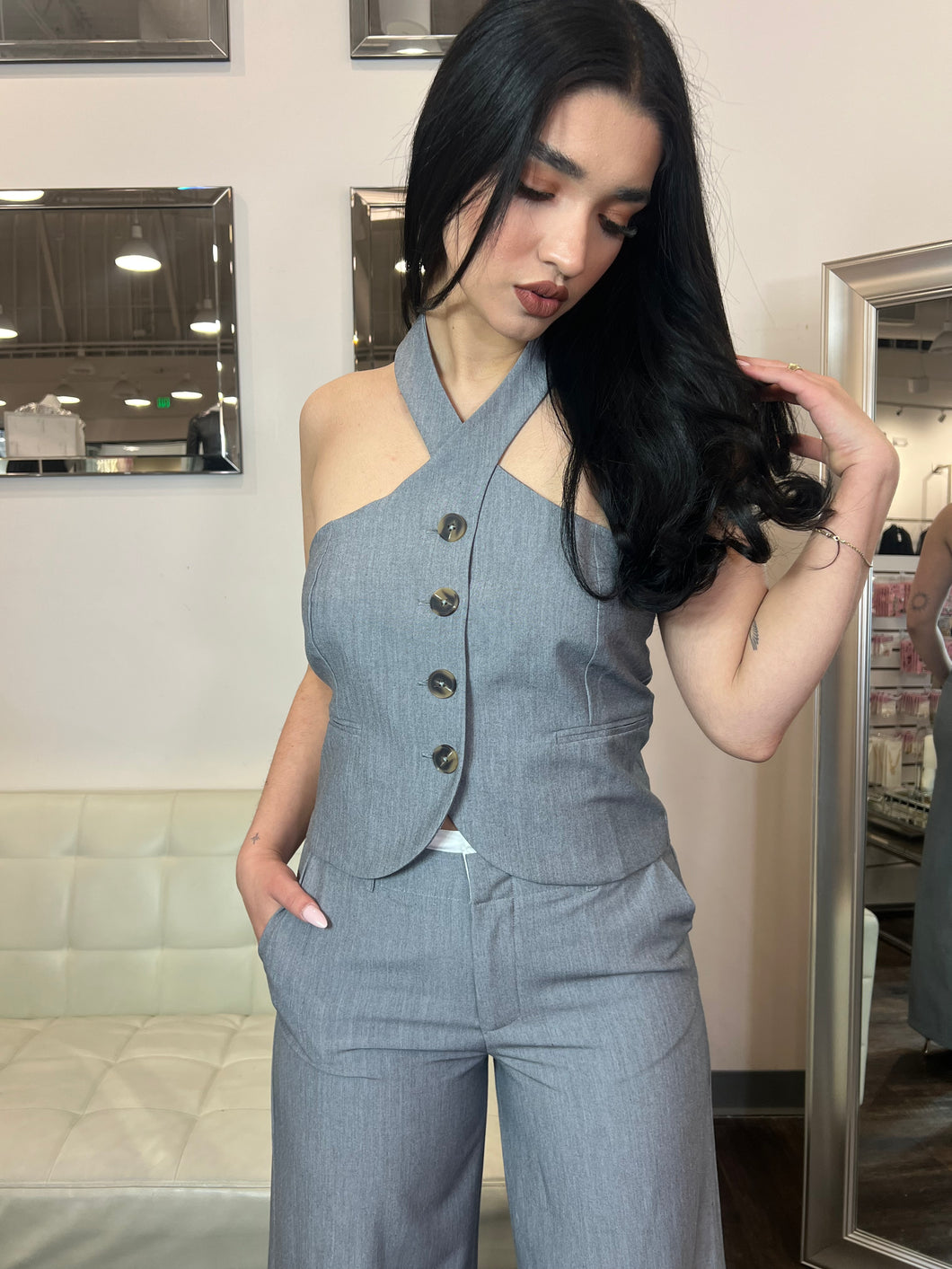 Leah Buttoned Halter Vest Grey