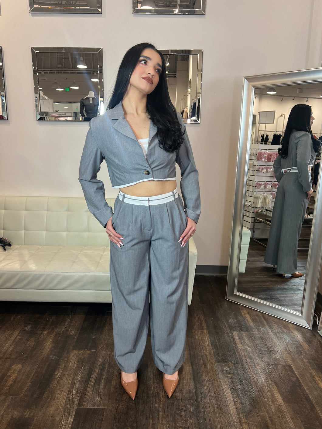 Nora Double Waistband Pants- Grey