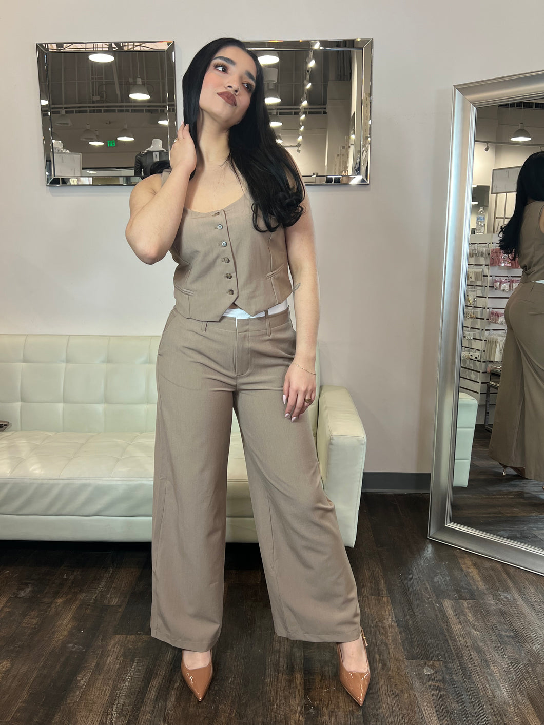 Nora Double Lined Waistband Pants- Taupe