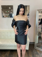 Load image into Gallery viewer, Maya Puff Sleeve Satin Dress- Black
