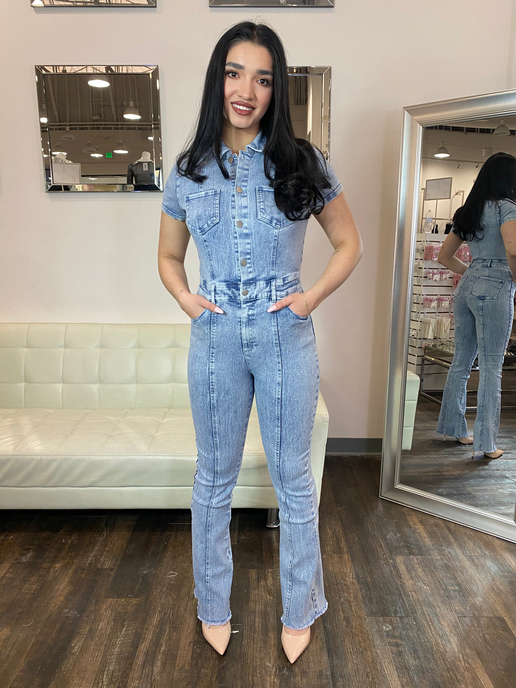 Amelia Button Collared Denim Jumpsuit