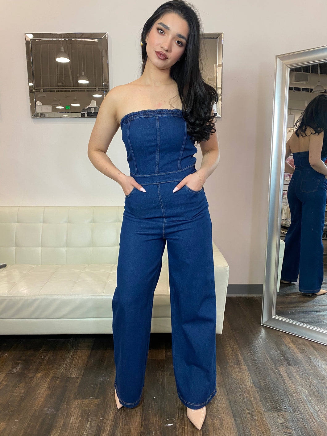 Denim Wide Leg Jumpsuit- Dark Denim