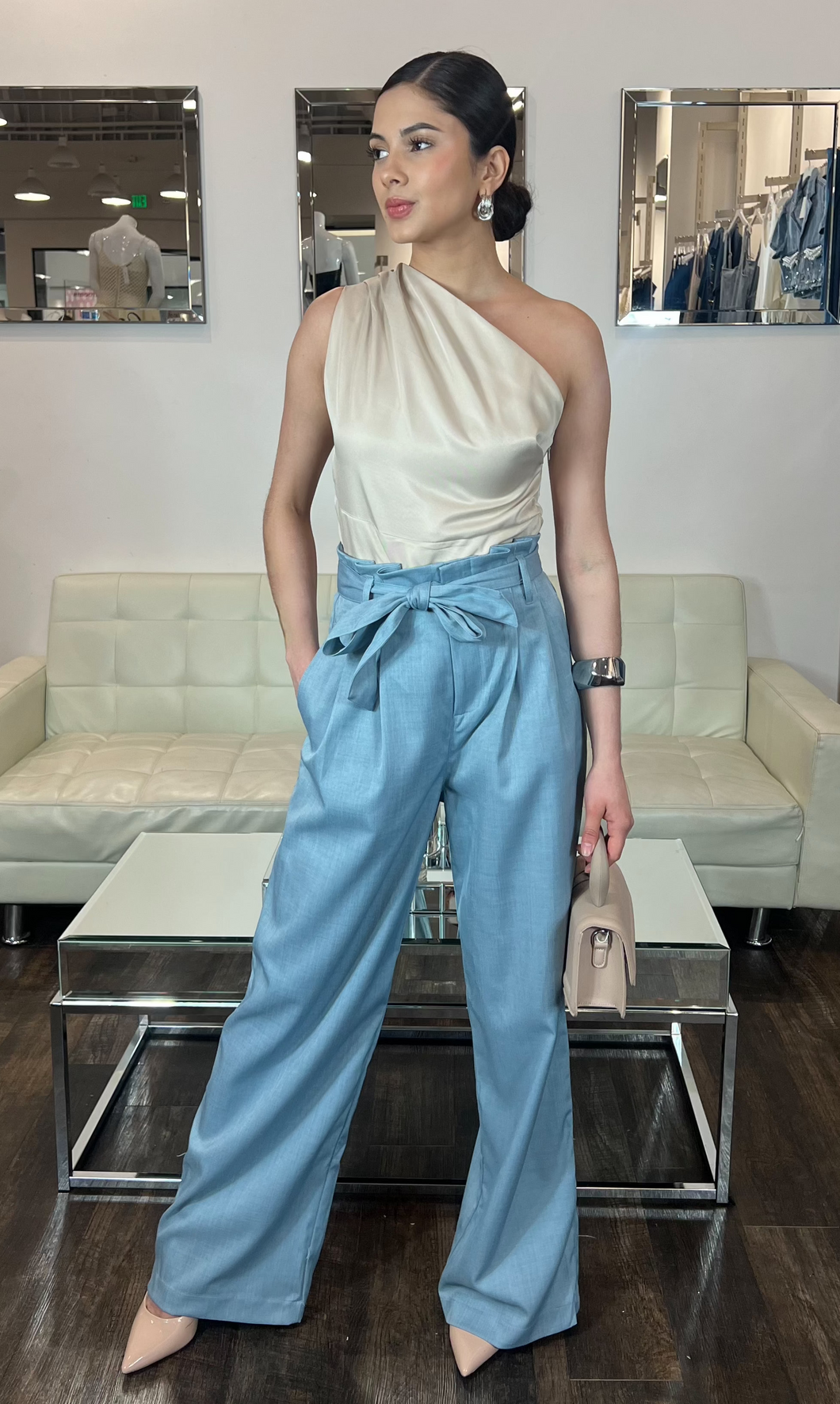 Kinsley One Shoulder Pleaded Top- Beige