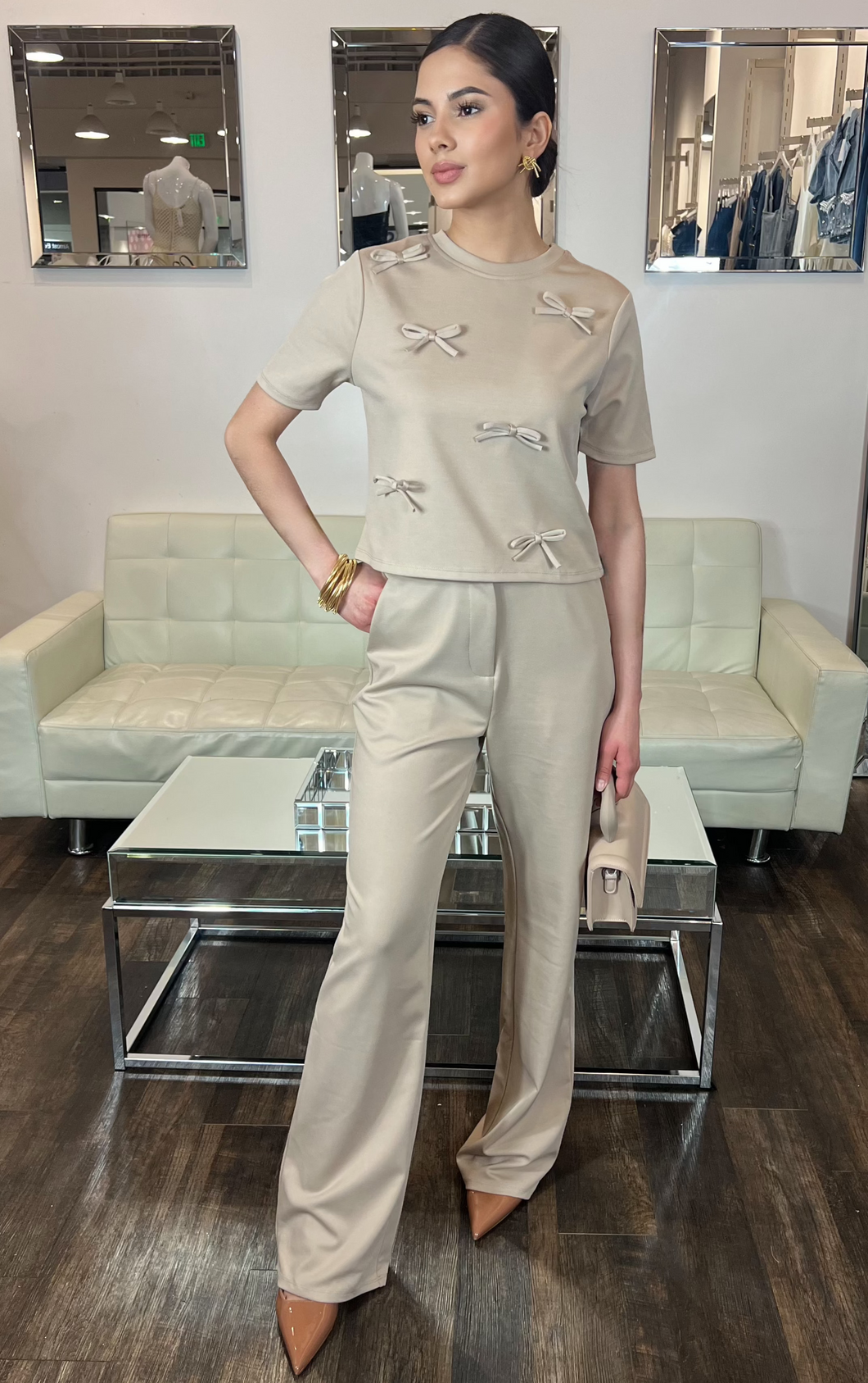 Eliana Straight Stretch Pants- Beige