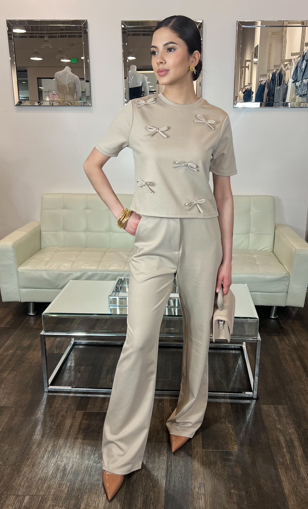 Eliana Short Sleeve Bow Top- Beige