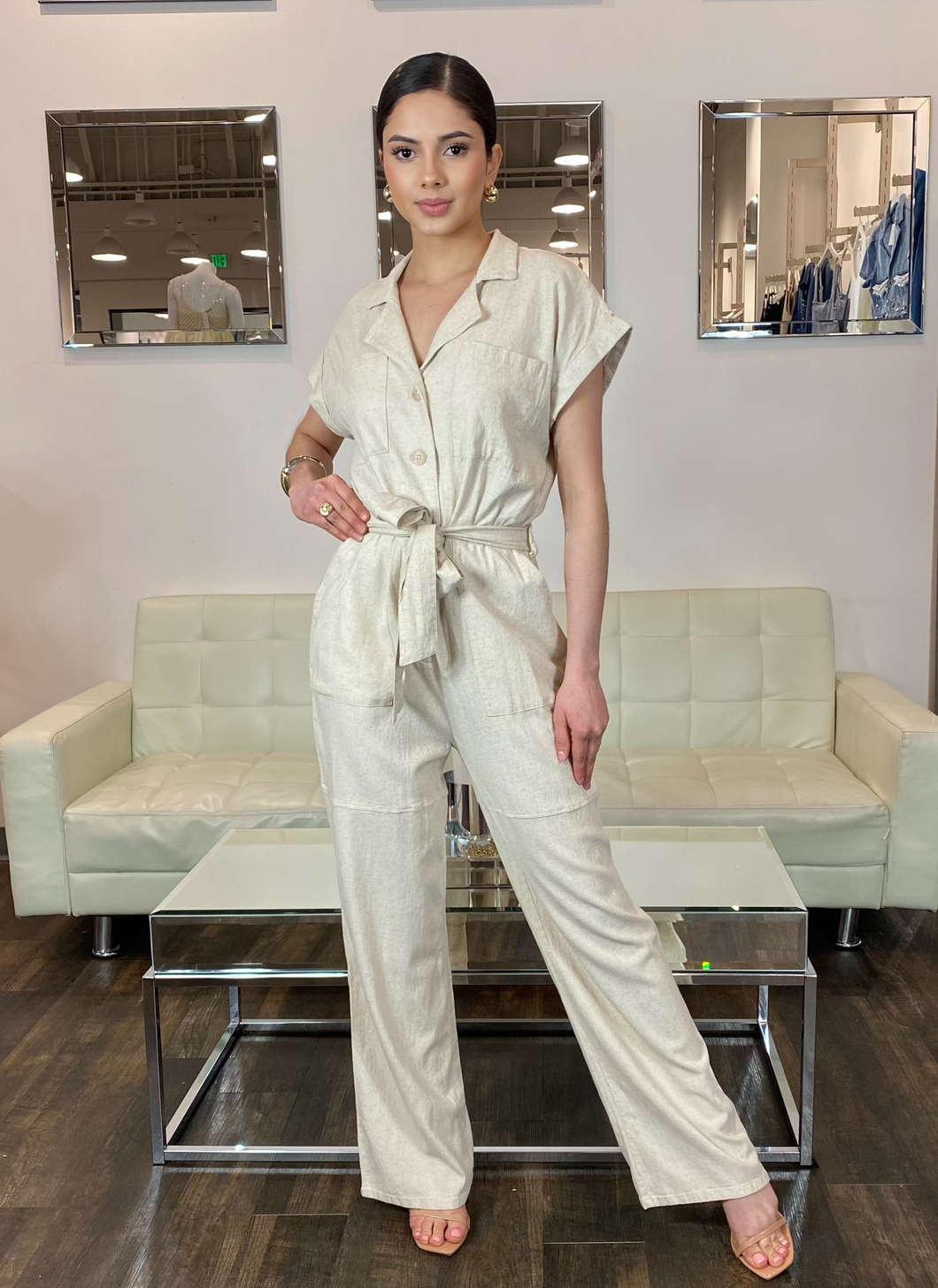 Freida Linen Sleeveless Jumpsuit- Natural