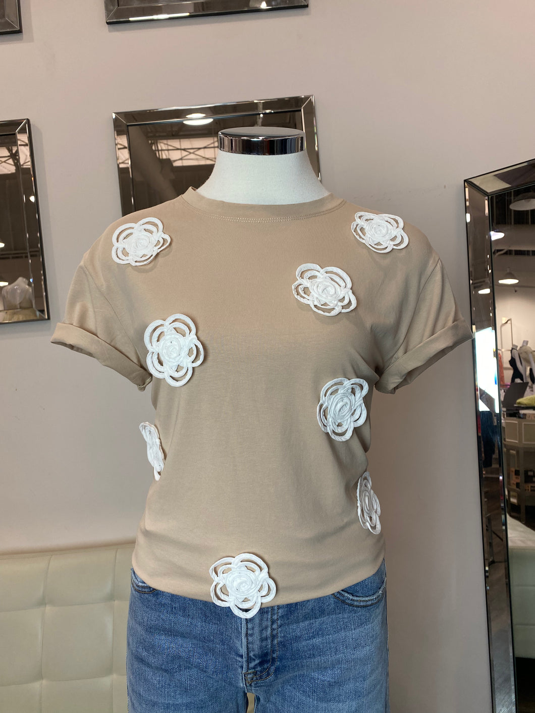 3D FLoral T-Shirt- Beige