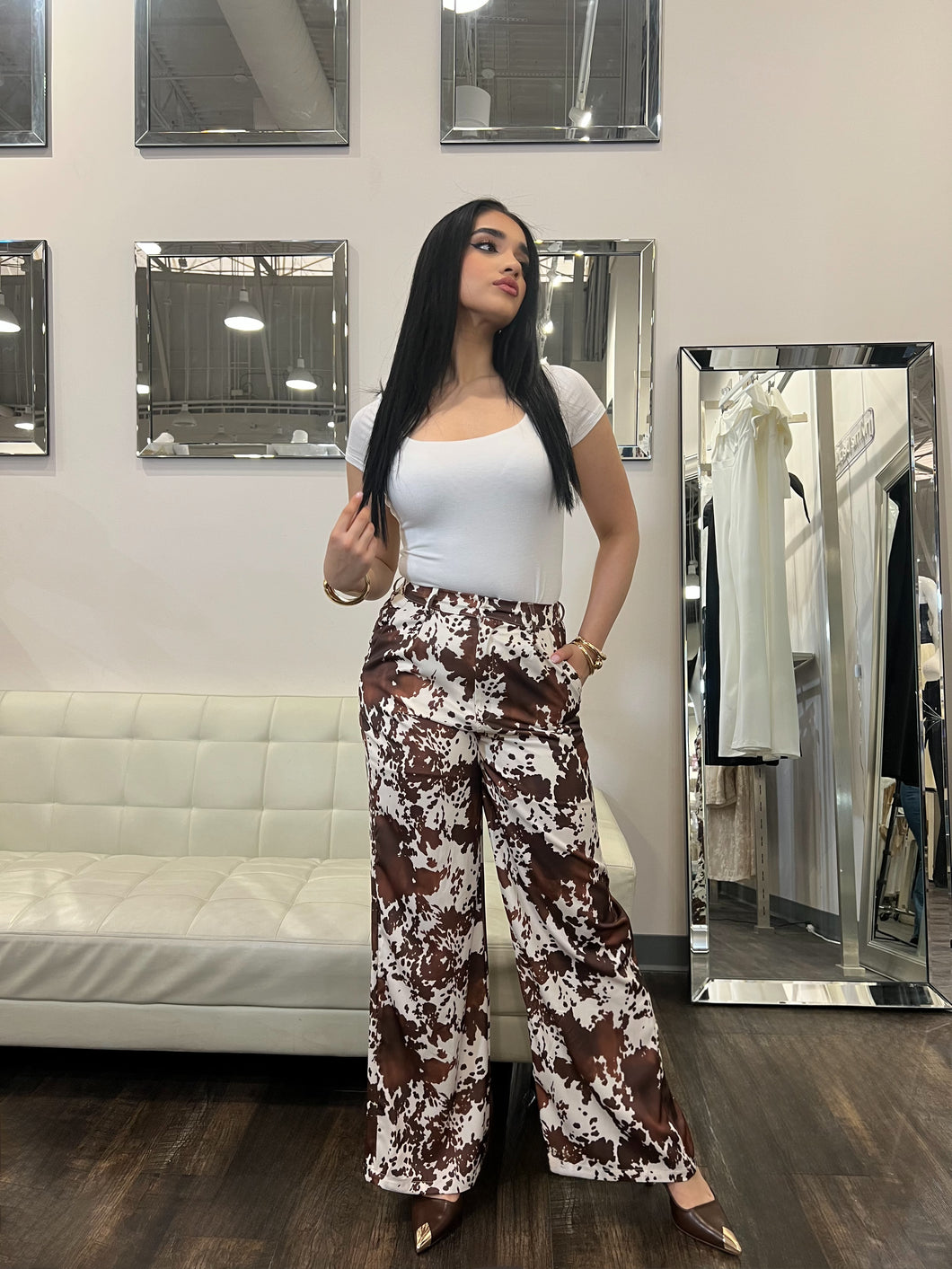 Clementine Satin Cow Print Pants