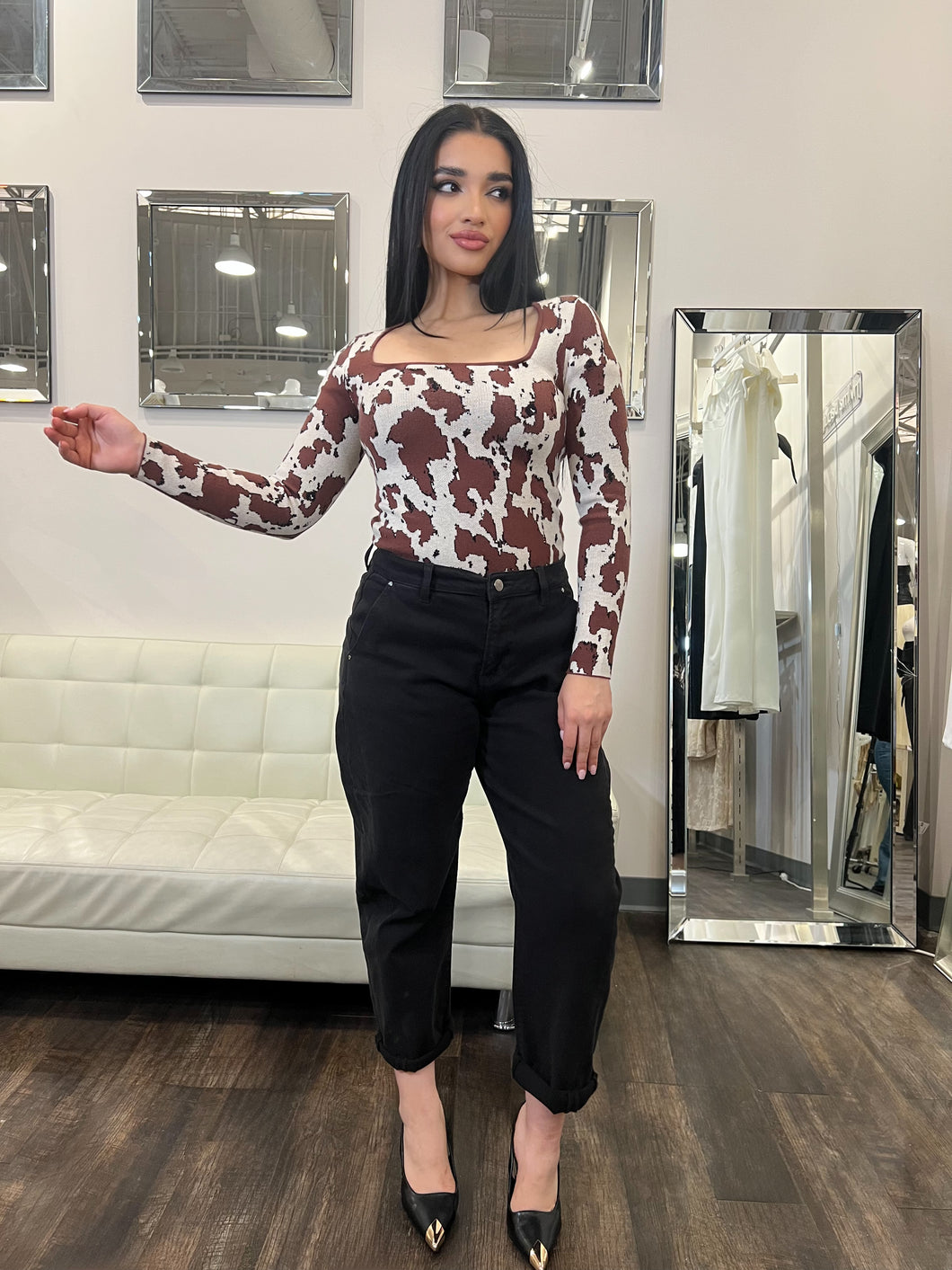 Clemen Cow Print Sweater Top