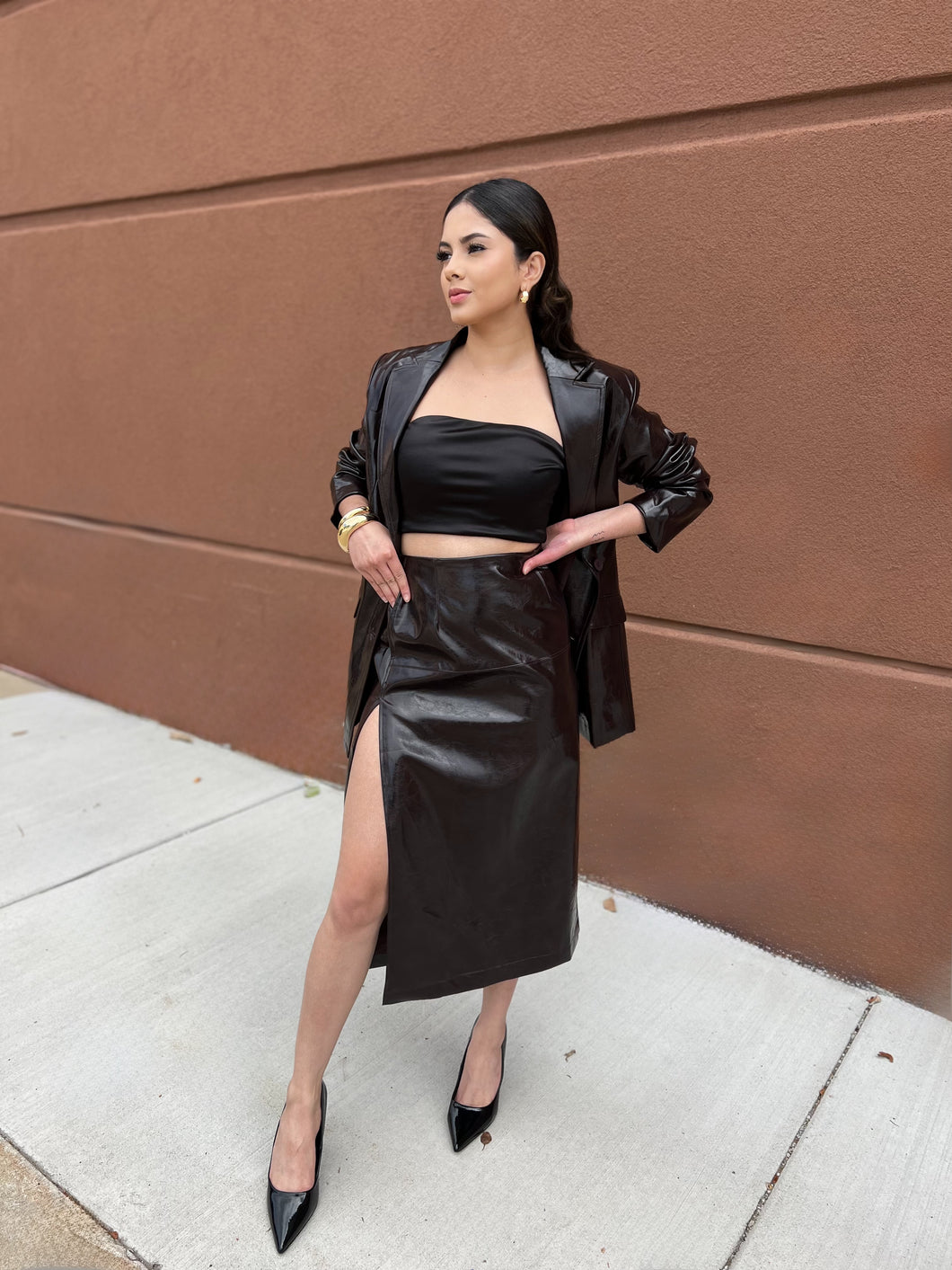 Jessica Patent Pencil Skirt Chocolate