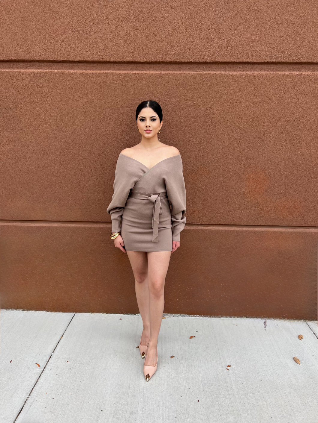 Zoe L/S Wrap Sweater Dress Taupe