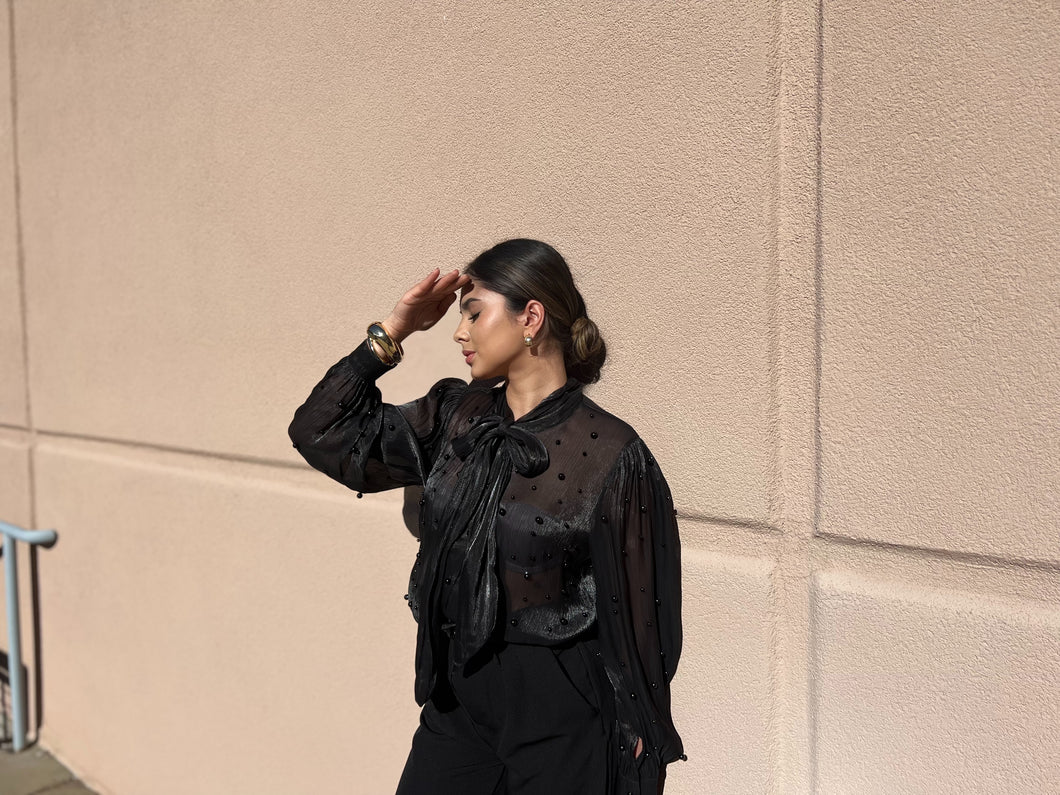 Karen Sheer Pearl Blouse Black