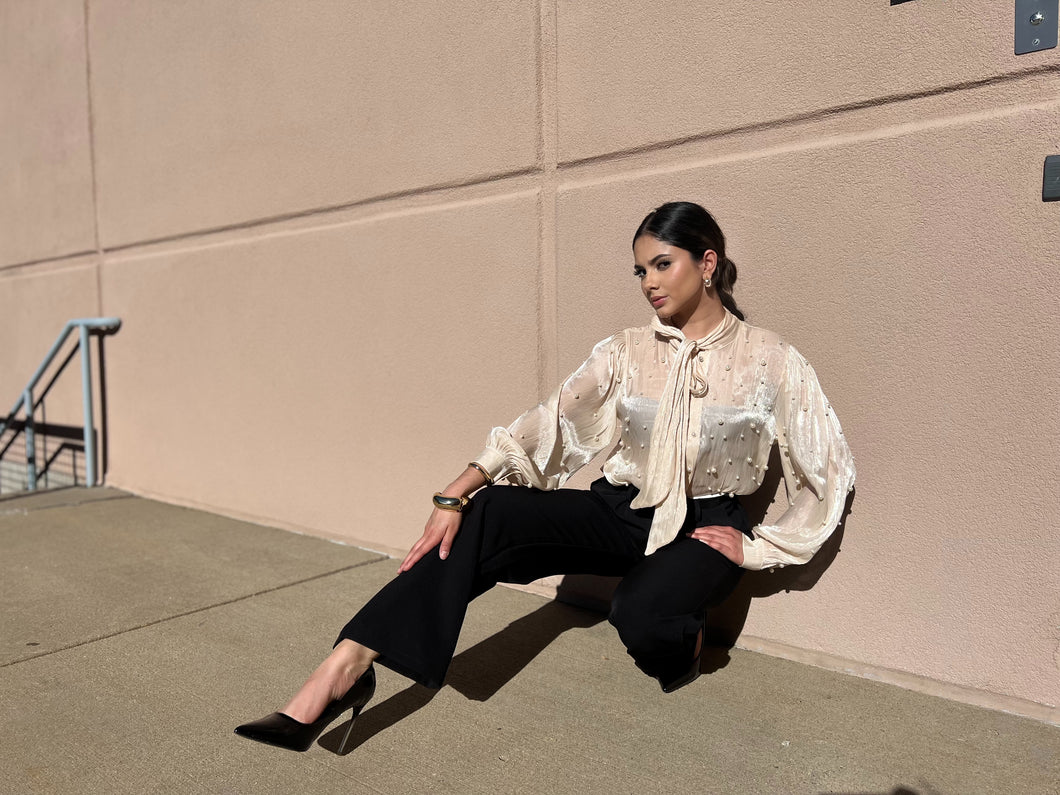 Karen Sheer Pearl Blouse Beige