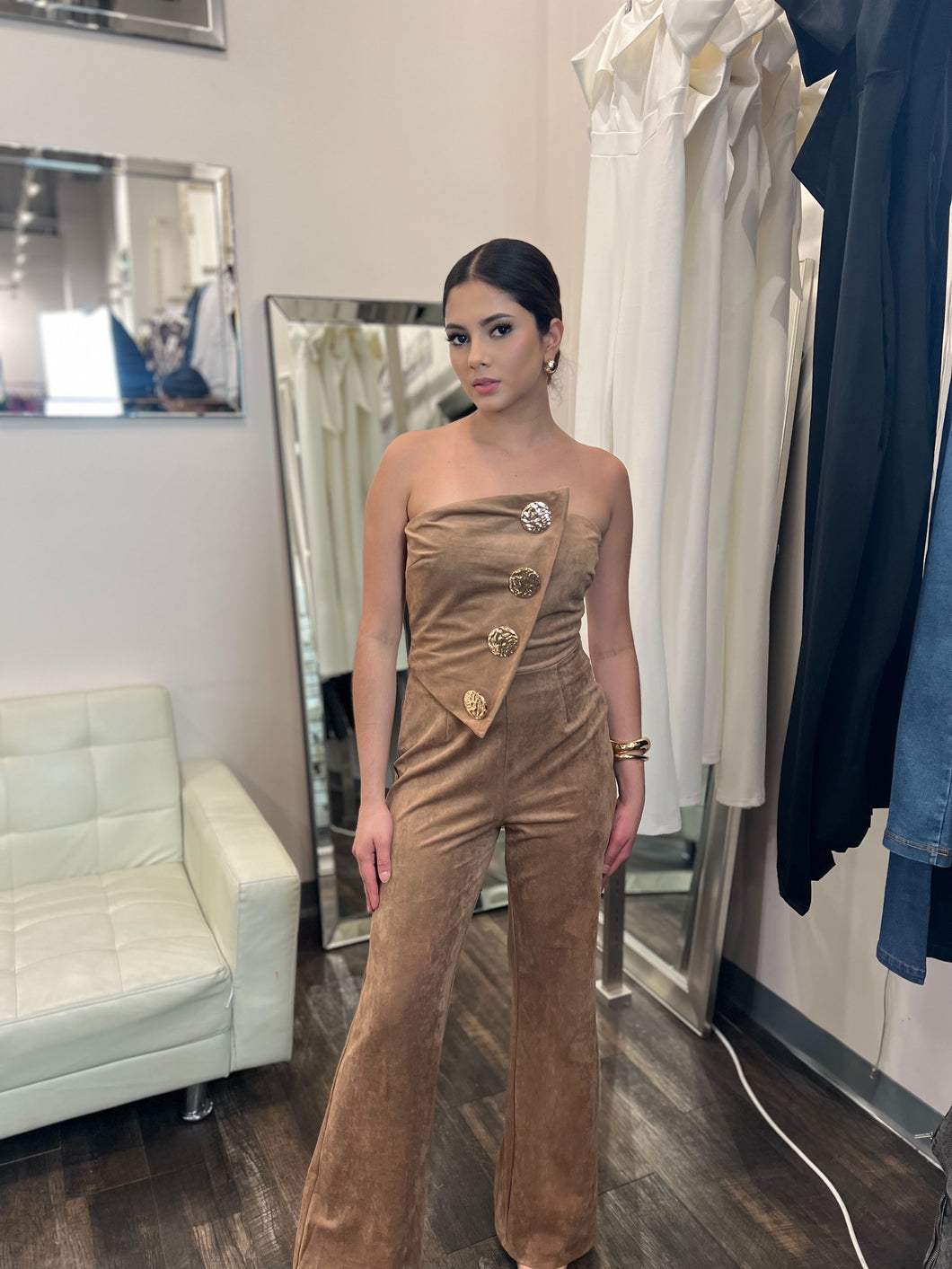 Vanessa Gold Button Jumpsuit Mocha