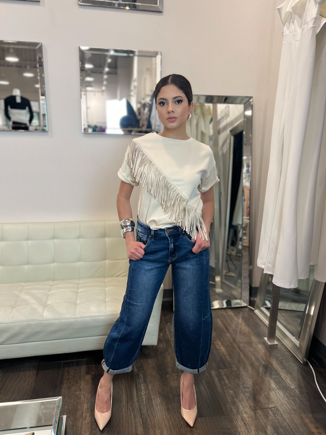Athena Fringe T-Shirt Beige/Black