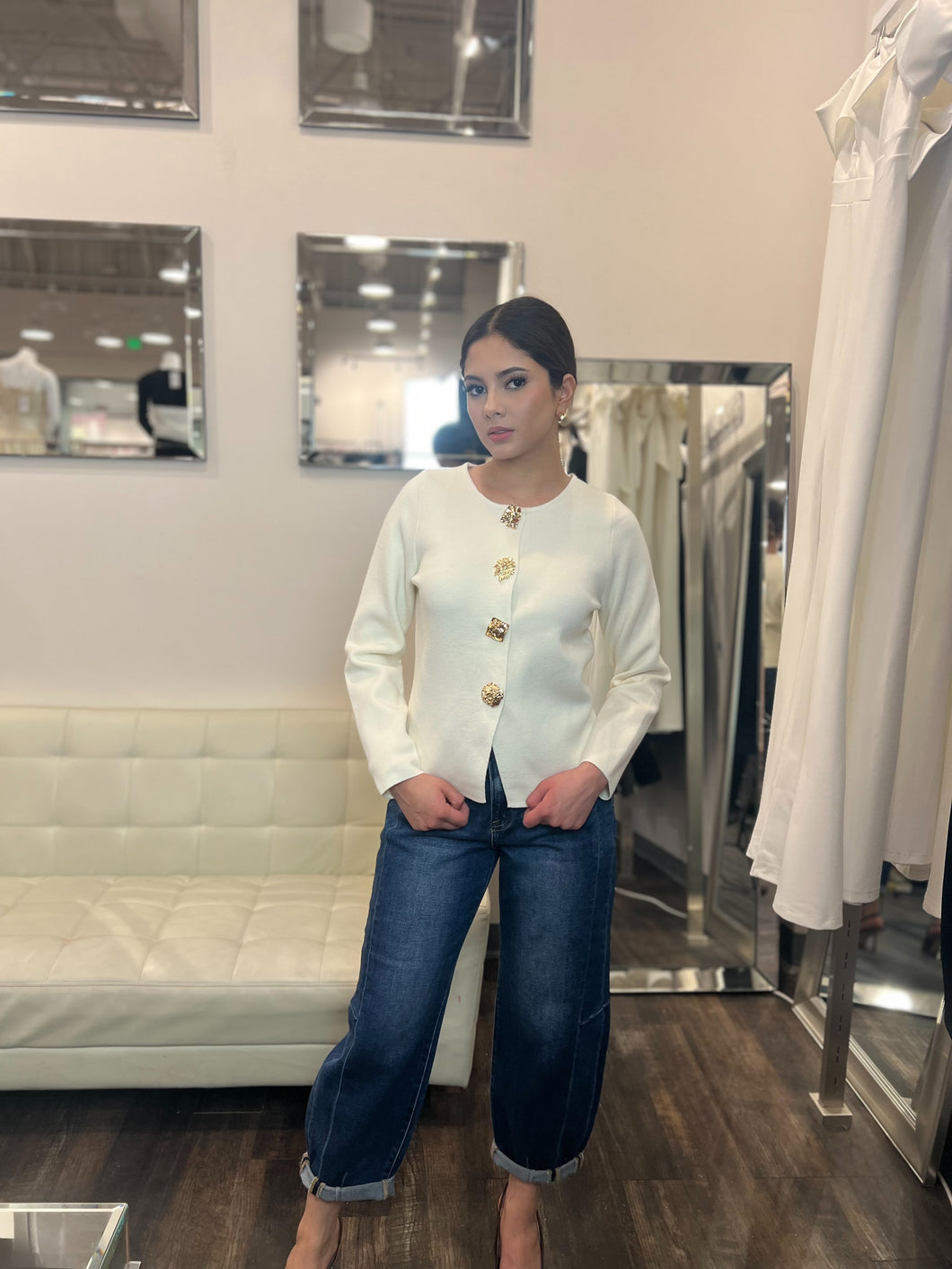 Marie Gold Button Sweater Ivory