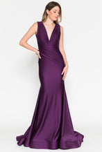 Load image into Gallery viewer, Sleeveless fit &amp; flare lycra gown with a ruched wait sash on top of a plunge neckline leading to an open back.  Amelia Couture 370-1
