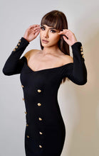 Load image into Gallery viewer, Black L/S Gold Button Evening Dress
