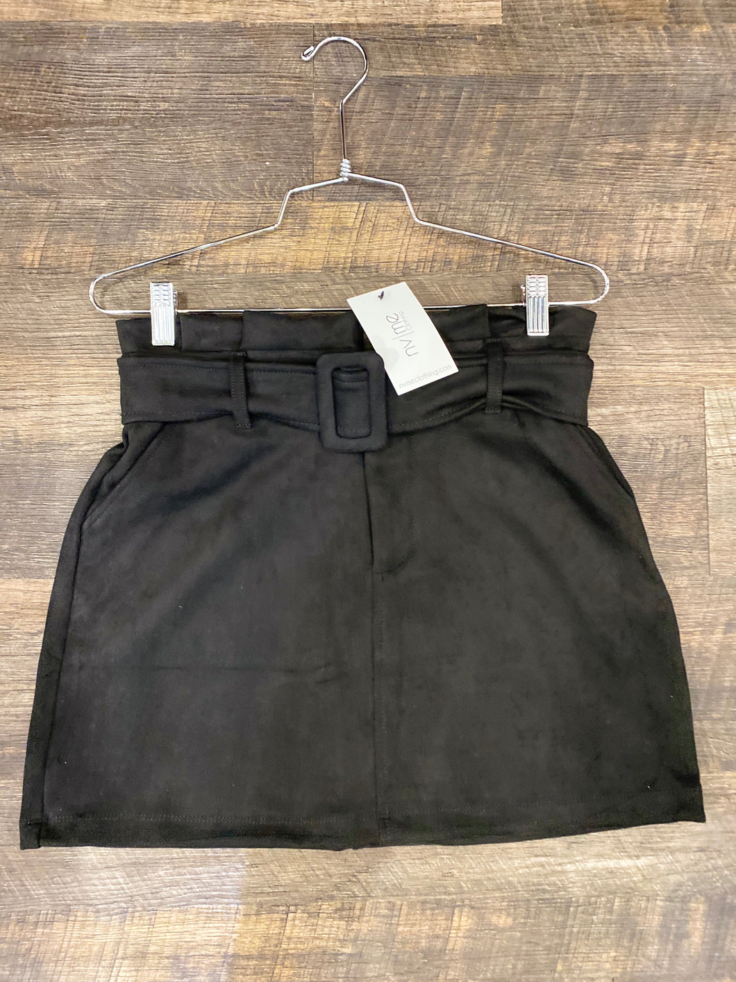 Black Faux Suede Belt Skirt