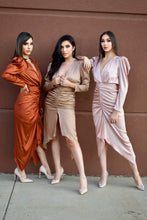 Load image into Gallery viewer, Victoria L/S Satin Midi Dress Lt.Mocha
