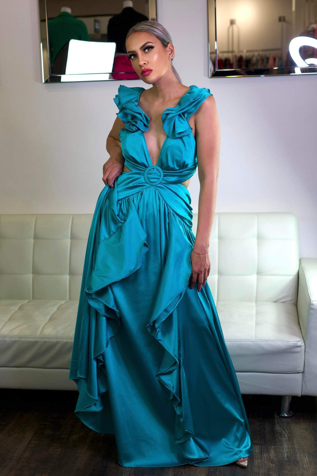 Jade Satin Ruffle Sleeve Dress